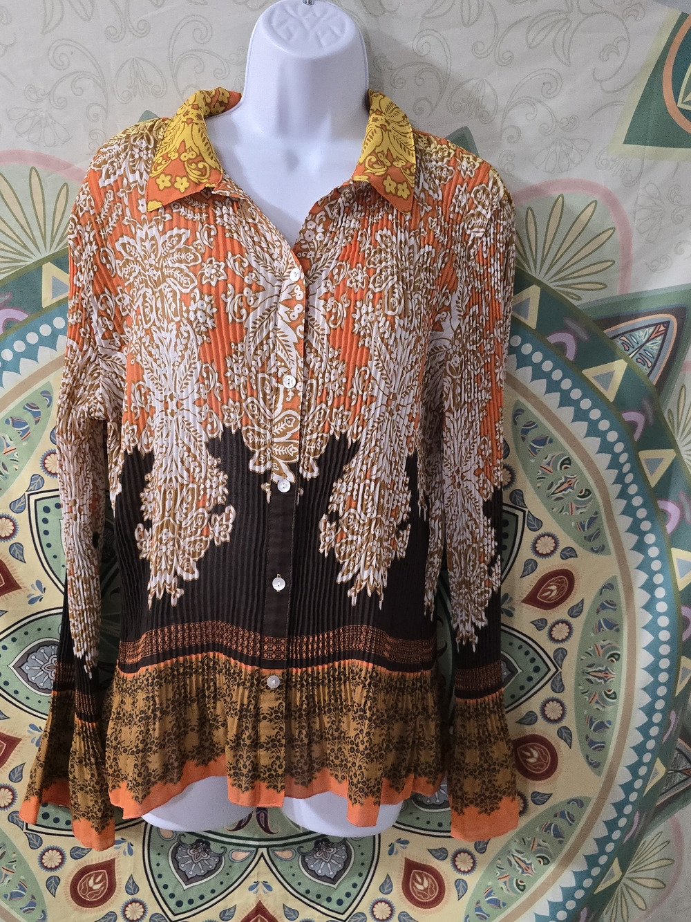 Investments Orange, Brown & Yellow Printed Button-Down Blouse